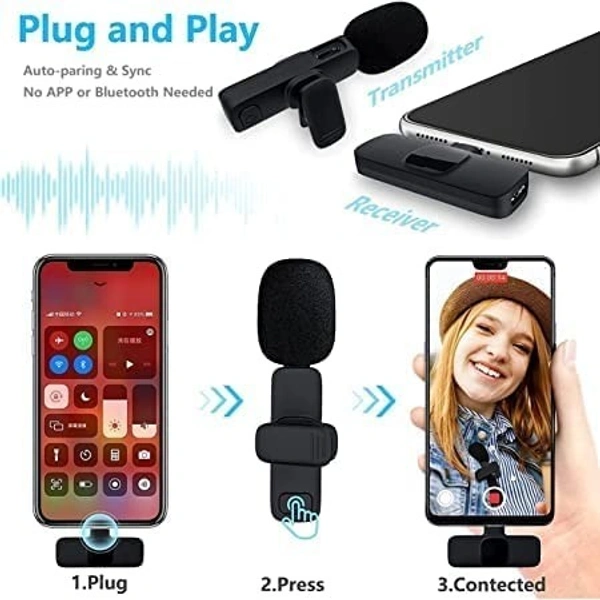 VEV K8 2 in 1 Wireless Microphone, Digital Mini Portable Recording Clip Mic with Receiver for All Type-C Lightning Mobile Phones Camera Laptop for Vlogging YouTube Online Class, Zoom Call (Black)