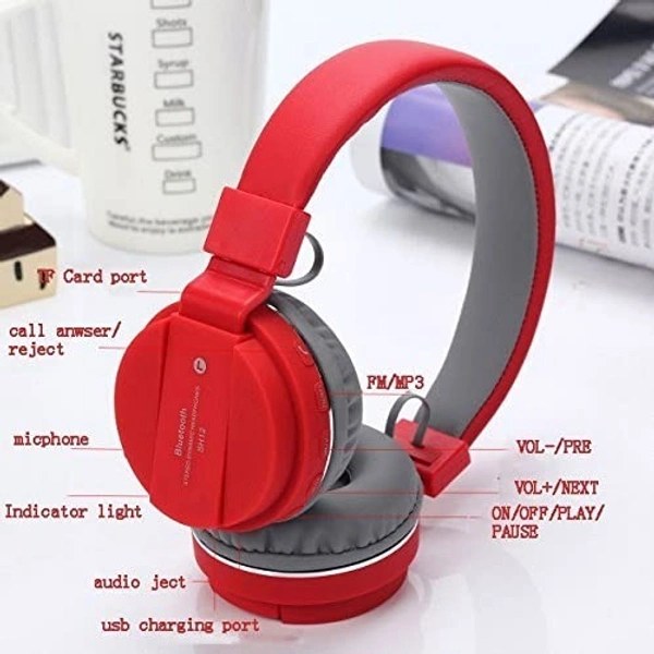 VEV SH-12 Wireless Bluetooth Headphones On Ear, Lightweight & Foldable.SD Card,TF, AUX, Supported (Red) - Red