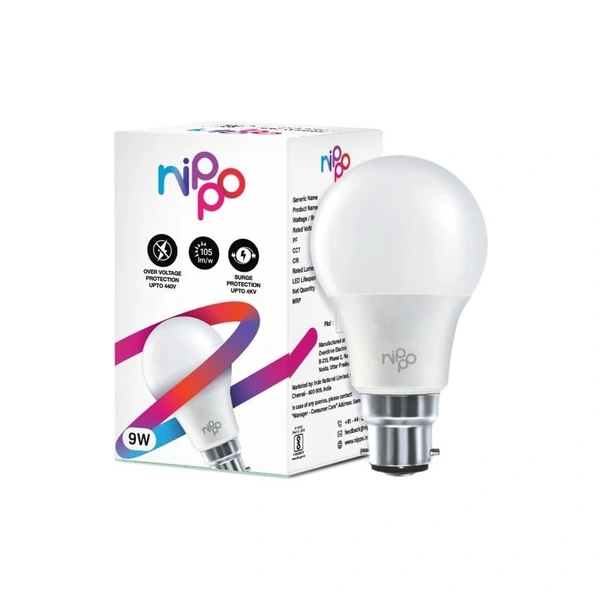 Nippo 9W LED Bulb Base 22, Cool Day Light, Voltage Surge Protection, High Energy Savings - 9 Watts