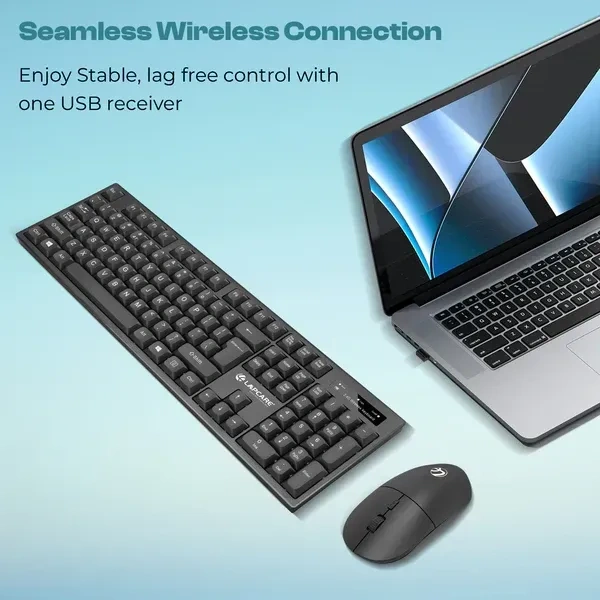 LAPCARE Lapcare (WL-102) 2.4GHz Wireless Keyboard & Mouse Combo | USB Nano Receiver | Adjustable 1600 DPI | 2.4G Wireless Tech | Premium Black Finish Rupee Key | Silent Typing | Power Saving Mode | Battery Included | Windows 7/8/10/11 Compatible (BLACK)