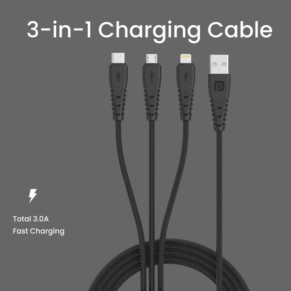 PORTRONICS Portronics Konnect A Trio 3-in-1 Multifunctional Cable 3.0A Total 1.5 m for Micro USB for iOS and Type C Mobile Phones (Black) - Black
