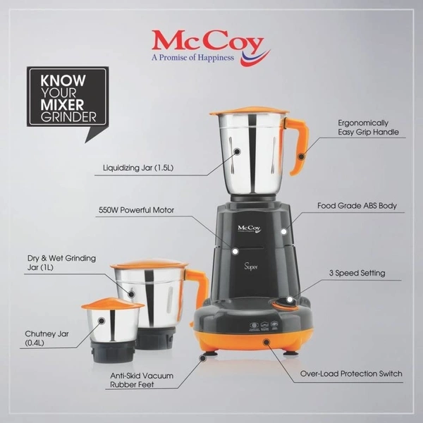 Mccoy McCoy Super 550-Watt Mixer Grinder 3 Jars (Grey & Orange)