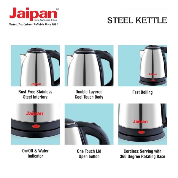 JAIPAN Jaipan Electric Kettle 1.8 Litre 1500 Watt | Stainless Steel Rapid Boil Body |Single touch lid locking Auto cutoff Power Indicator | Extra long Chord Silver- Black Rotable Base (SILVER)