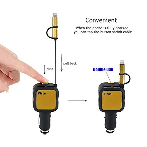 Ptron PTron Dynamite 4.8A High Speed Dual USB Port Car Charger with 2 in 1 Cable (Black & Gold)
