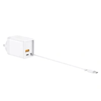RD A-80 Flex 50W Gan Charger With Built-in Retractable Cable | Attached Type-C Cable | PD Fast Charger | Super VOOC Support | Dual Output Wall Charger For Smartphones & Tablets (WHITE)