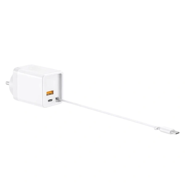 RD A-80 Flex 50W Gan Charger With Built-in Retractable Cable | Attached Type-C Cable | PD Fast Charger | Super VOOC Support | Dual Output Wall Charger For Smartphones & Tablets (WHITE)