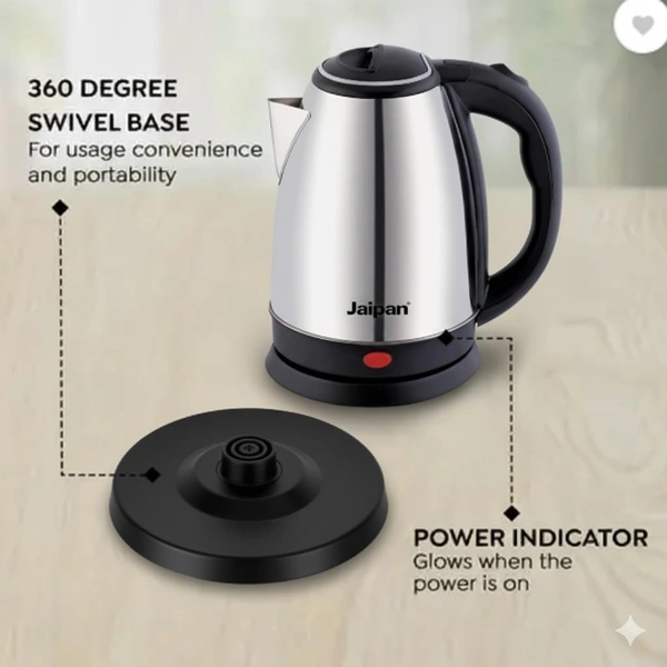 JAIPAN Jaipan Electric Kettle 1.8 Litre 1500 Watt | Stainless Steel Rapid Boil Body |Single touch lid locking Auto cutoff Power Indicator | Extra long Chord Silver- Black Rotable Base (SILVER)