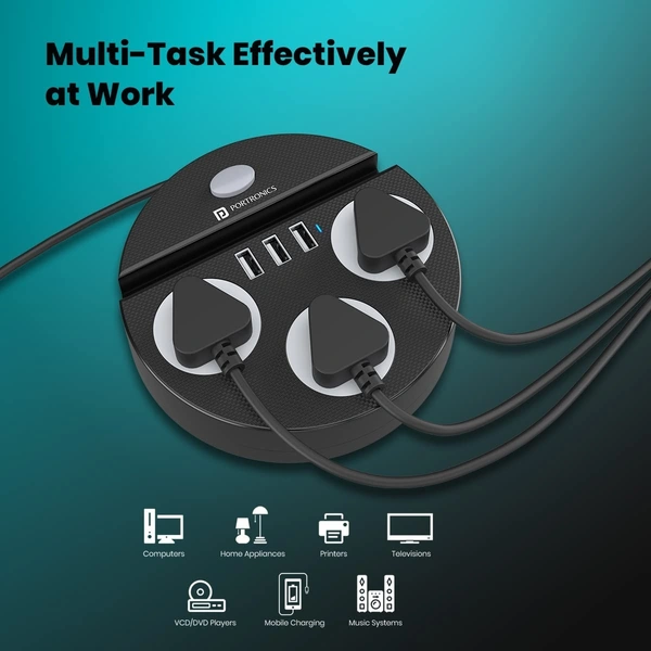 Portronics Power Plate 5 1500W Power Converter with USB Charger & Mobile Holder 3AC Socket + 3USB Ports, 2 m Cord Length (Black)