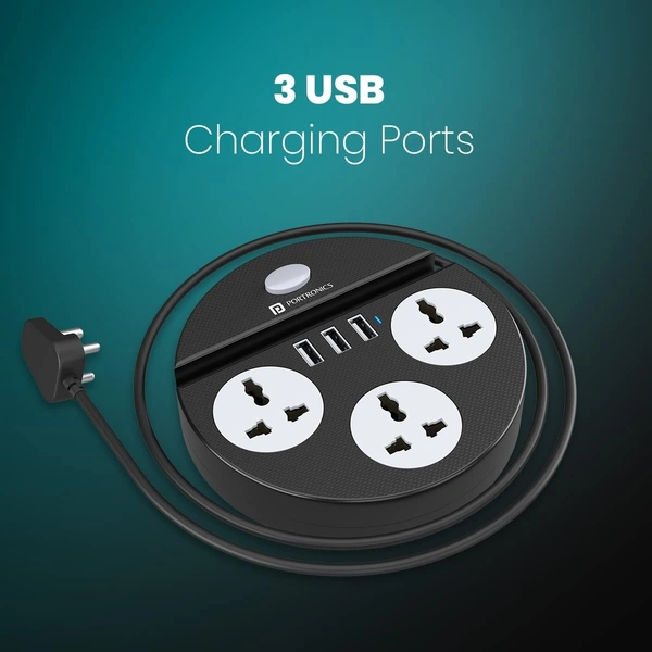 Portronics Power Plate 5 1500W Power Converter with USB Charger & Mobile Holder 3AC Socket + 3USB Ports, 2 m Cord Length (Black)