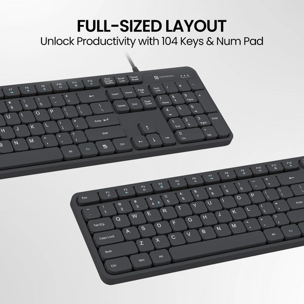 PORTRONICS Portronics Ki-Pad 3 USB Wired Keyboard with Large Keycaps | Noise-Free Typing | Fn Multimedia Hotkeys | Full-Size Layout With Num Pad | Ergonomic Design | 1.5m USB Cable | For Laptop & PC (BLACK)