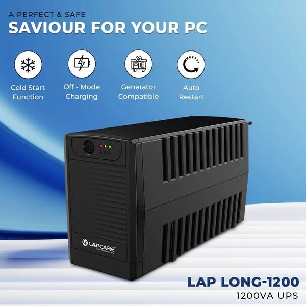 LAPCARE Lap Long 1200 Microcontroller Based UPS with Up-to 1200VA | 720W, Double Boost | Automatic Voltage Regulation | Overload Protection, Auto Restart | Generator Compatible For Office Computers (BLACK)
