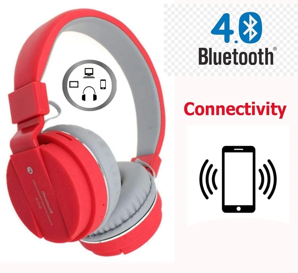 VEV SH-12 Wireless Bluetooth Headphones On Ear, Lightweight & Foldable.SD Card,TF, AUX, Supported (Red) - Red