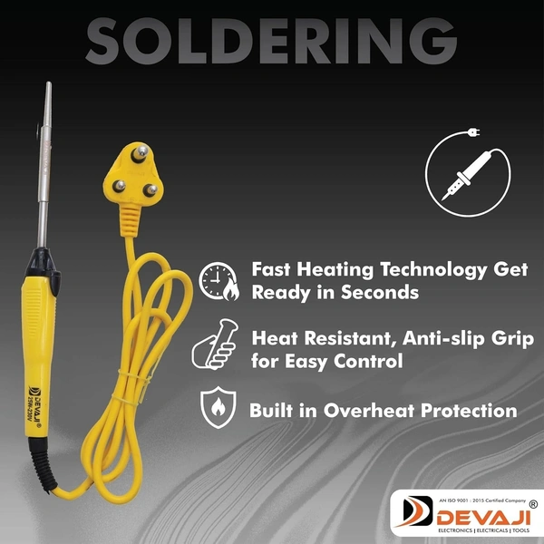 DEVAJI 25W Soldering Iron with Copper Bit & ABS Handle | 3 Core Cable | Fast Heating | Overheat Protection | for Home, Education, Workshop, and Industrial Use (YELLOW)