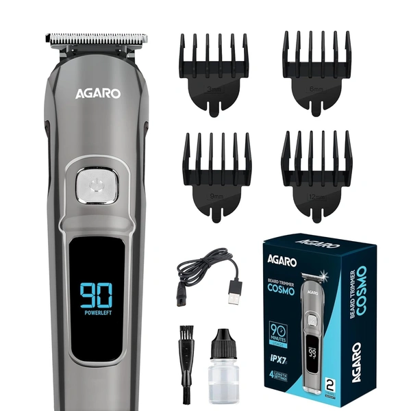 AGARO COSMO Beard Trimmer For Men, High Precison Trimming, Cordless, 4 Length Setting combs, Stainless Steel Blades, 2 Speed, USB Rechargeable, 90 mins Runtime (Silver)