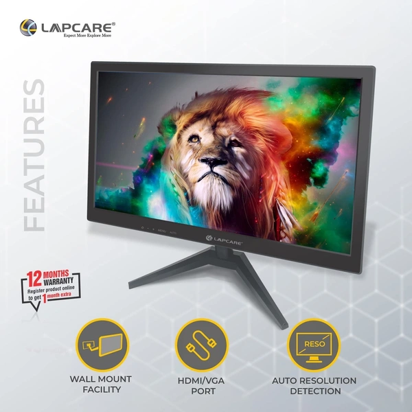 Lapcare LAPEYE LM195WDH 19"(48.26CM) LED Display 16:10 1440x900 Pixel Ratio, Tilt Stand, Vesa Mount, HDMI + VGA Port (Black)