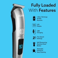 AGARO COSMO Beard Trimmer For Men, High Precison Trimming, Cordless, 4 Length Setting combs, Stainless Steel Blades, 2 Speed, USB Rechargeable, 90 mins Runtime (Silver)
