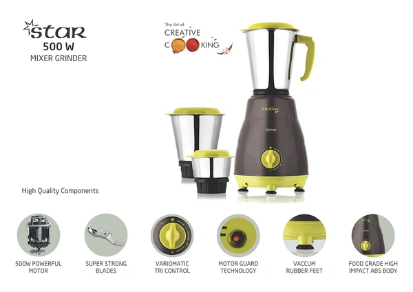 McCoy Star 500-Watt Mixer Grinder 3 Jars (Grey & Green)