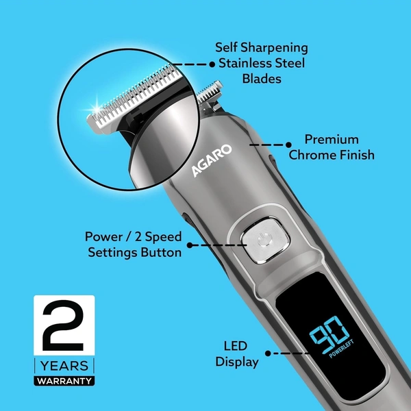 AGARO COSMO Beard Trimmer For Men, High Precison Trimming, Cordless, 4 Length Setting combs, Stainless Steel Blades, 2 Speed, USB Rechargeable, 90 mins Runtime (Silver)