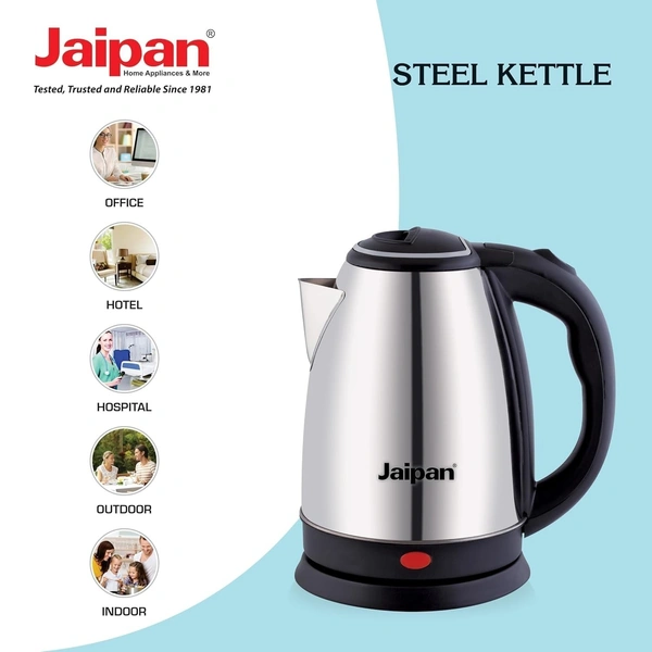 JAIPAN Jaipan Electric Kettle 1.8 Litre 1500 Watt | Stainless Steel Rapid Boil Body |Single touch lid locking Auto cutoff Power Indicator | Extra long Chord Silver- Black Rotable Base (SILVER)