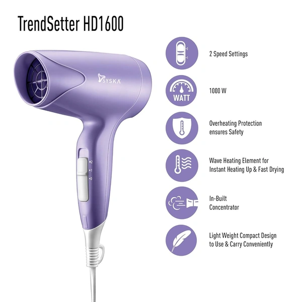 Syska HD1600 Trendsetter Hair Dryer With 1000 Watts Heat Balance Technology (Purple)