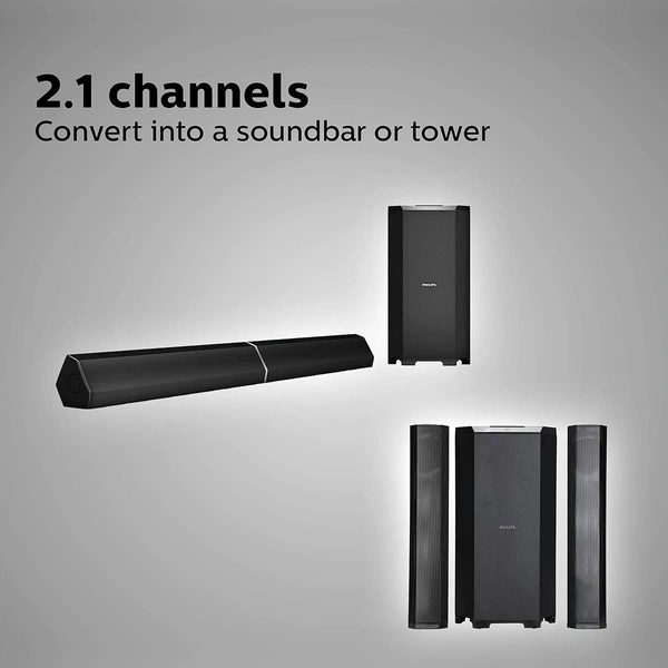 Philips Convertible Soundbar MMS8085B/94, 2.1 Channel with Multiple-Connectivity Option, USB in, Bluetooth Connectivity 80 Watt, Superior Sound (Black)