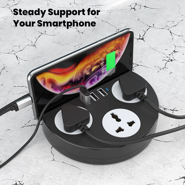 Portronics Power Plate 5 1500W Power Converter with USB Charger & Mobile Holder 3AC Socket + 3USB Ports, 2 m Cord Length (Black)