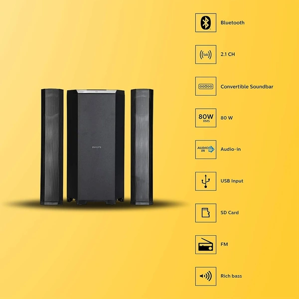 Philips Convertible Soundbar MMS8085B/94, 2.1 Channel with Multiple-Connectivity Option, USB in, Bluetooth Connectivity 80 Watt, Superior Sound (Black)