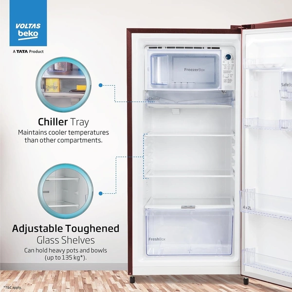 Voltas beko Voltas Beko ‘A Tata Product’ 210 Litre | 3 star | Single Door |Made-in-India Direct cool Refrigerator | RDC245C / W0DWE0M000UGD (Bonita Wine)