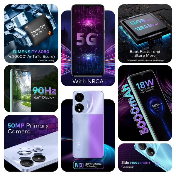 Itel COLOR PRO 5G | Color Changing Back | 6GB RAM+128GB ROM, Upto 12GB RAM with Memory Fusion| | Dimensity 6080 | 50MP AI Dual Rear Camera| 5000mAh Battery with 18W Type-C Fast Charging  (River Blue) - 6GB