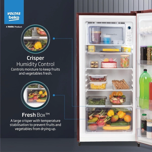 Voltas beko Voltas Beko ‘A Tata Product’ 210 Litre | 3 star | Single Door |Made-in-India Direct cool Refrigerator | RDC245C / W0DWE0M000UGD (Bonita Wine)