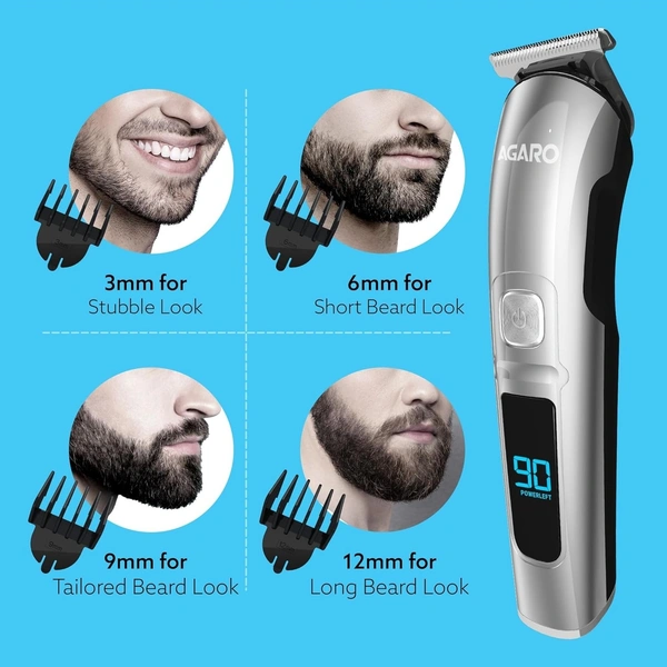 AGARO COSMO Beard Trimmer For Men, High Precison Trimming, Cordless, 4 Length Setting combs, Stainless Steel Blades, 2 Speed, USB Rechargeable, 90 mins Runtime (Silver)
