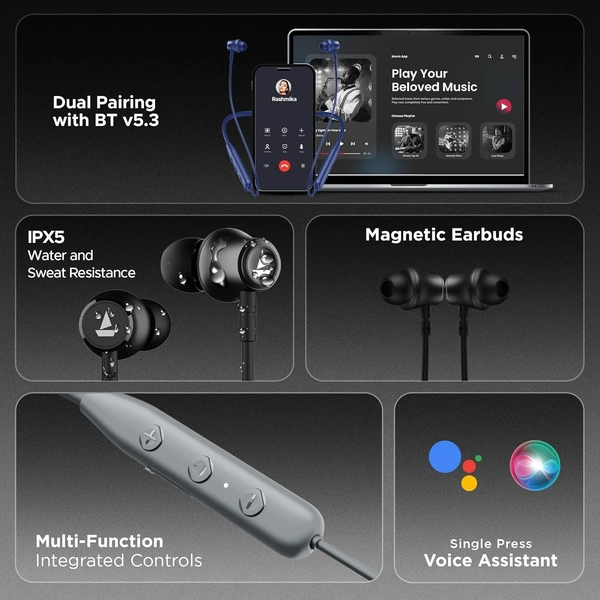 boAt Rockerz 111 Up to 40 Hours Playtime, Dual Device Pairing, ENx Tech, Beast Mode, ASAP Charging, BTv5.3, IPX5, Type-C Interface & Magnetic in Ear Buds Bluetooth Wireless Neckband (Ash Grey) - Gray