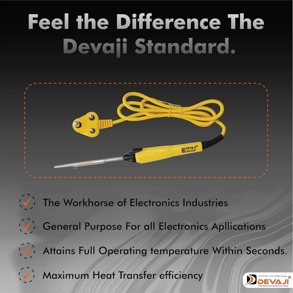 DEVAJI 25W Soldering Iron with Copper Bit & ABS Handle | 3 Core Cable | Fast Heating | Overheat Protection | for Home, Education, Workshop, and Industrial Use (YELLOW)