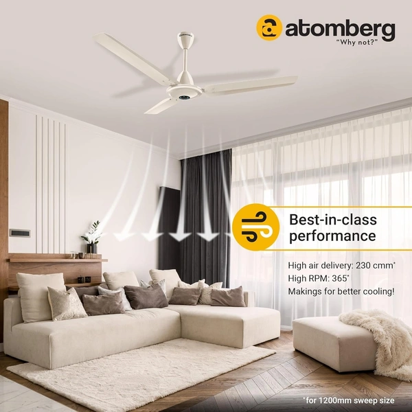 Atomberg atomberg Ikano 1200mm BLDC Ceiling Fan with Remote Control | BEE 5 star Rated Energy Efficient Ceiling Fan | High Air Delivery with LED Indicators | 2+1 Year Warranty (Gloss Black) - Gloss Ivory