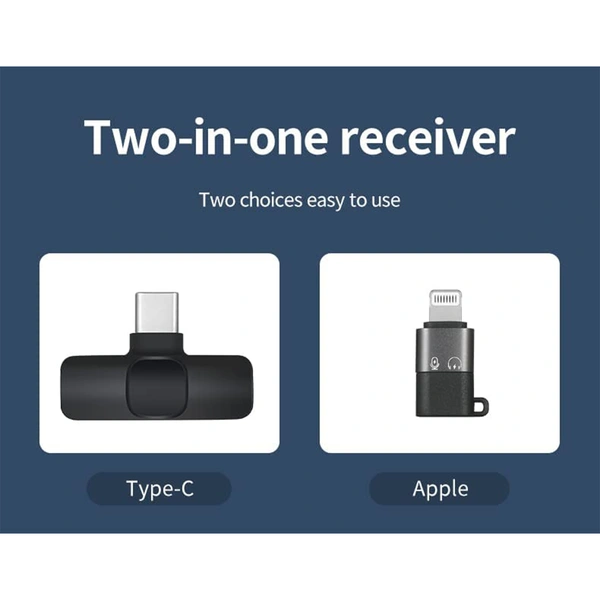 VEV K8 2 in 1 Wireless Microphone, Digital Mini Portable Recording Clip Mic with Receiver for All Type-C Lightning Mobile Phones Camera Laptop for Vlogging YouTube Online Class, Zoom Call (Black)