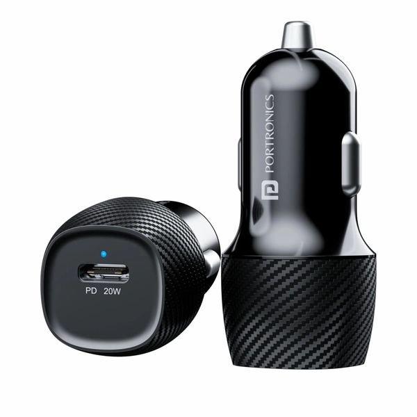 Portronics Car Power 18 Car Charger Adapter with 20W PD Type C Port Fast Charging Compatible with iPhones, Android Smartphones, Tablets & More (Black)