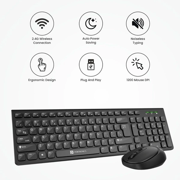 PORTRONICS Portronics Key7 Wireless Keyboard & Mouse Combo | 2.4GHz USB Receiver | 10m Wireless Range | 12 Shortcut Keys | 1600 DPI Adjustable Mouse | Copilot AI Support | Plug & Play for Laptop & PC (Black)