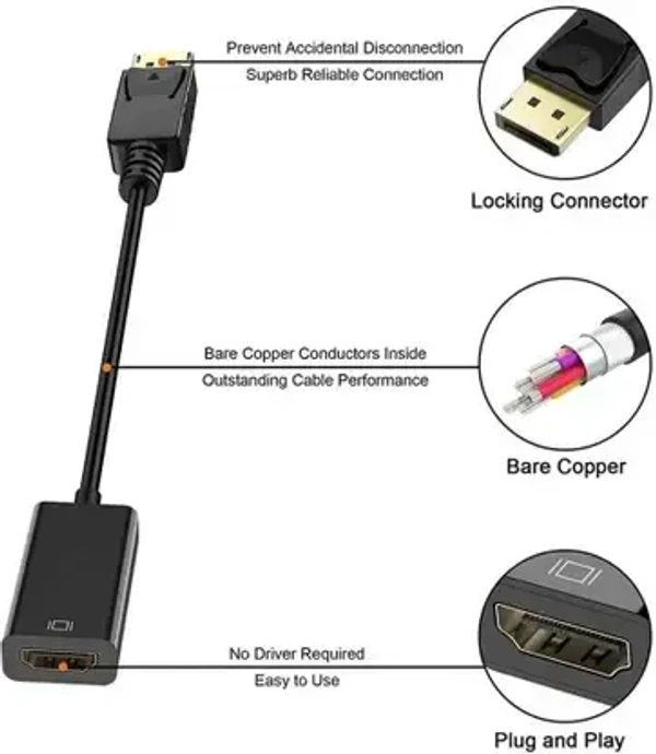 LAPCARE HDMI Adapter 0.2M DP to HDMI Converter With 20CM Cable (BLACK)