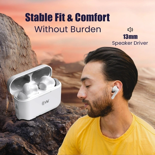 EVM EnZest Neo True Wireless Earbuds - 500mah Case Battery - 25Hrs Playtime - Voice & Touch Assistant (EVM-TWS-K12-White) - White