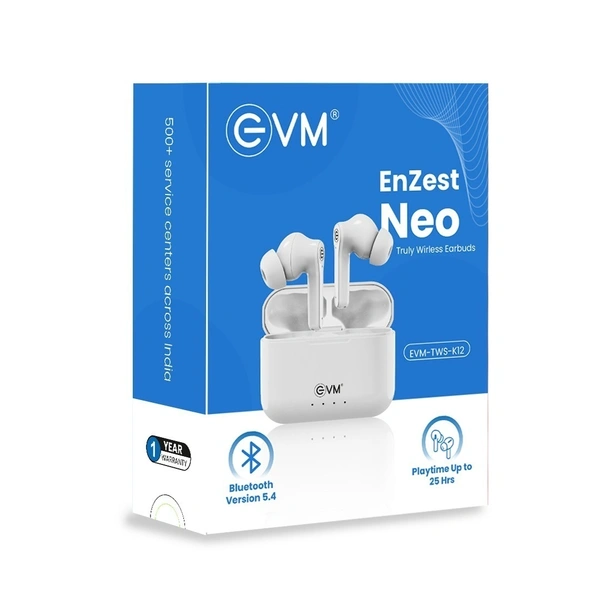 EVM EnZest Neo True Wireless Earbuds - 500mah Case Battery - 25Hrs Playtime - Voice & Touch Assistant (EVM-TWS-K12-White) - White