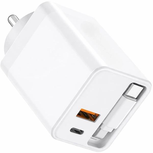 RD A-80 Flex 50W Gan Charger With Built-in Retractable Cable | Attached Type-C Cable | PD Fast Charger | Super VOOC Support | Dual Output Wall Charger For Smartphones & Tablets (WHITE)