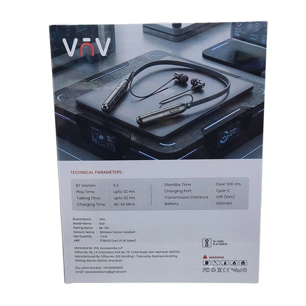 VEV Star ML-100 Wireless Neck Band Magnetic Stereo Earbunds | Upto 32 Hrs Play Time | With Type-C Charging (BLACK)