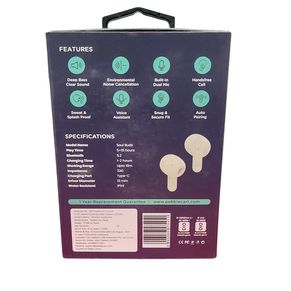 Pebble SOUL BUDS True Wireless Earpods | ENC with Dual Mic | Just making it crystal clear (Peach) - Peach