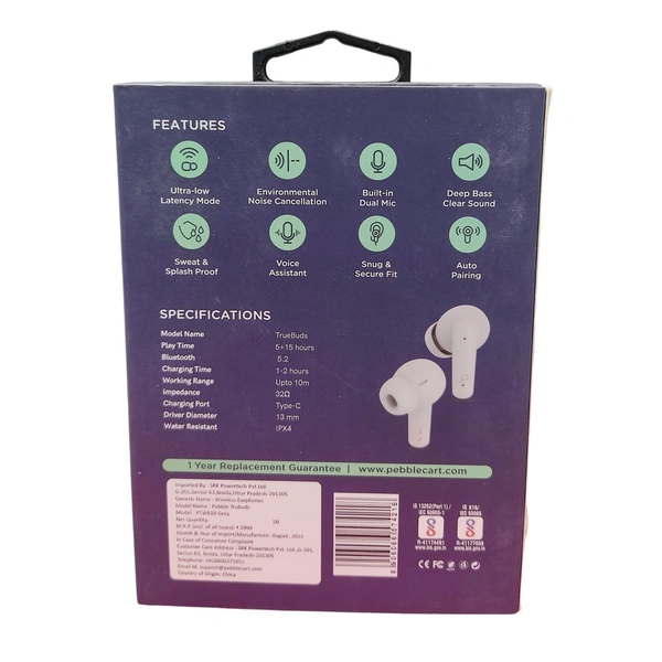 Pebble TRUBUDS True Wireless Earpods | ENC with Dual Mic | Just making it crystal clear (Black) - Gray