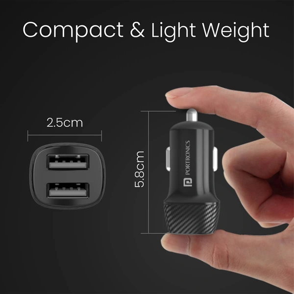 Portronics Car Power 5 Car Charger with Type-C Cable, Dual USB Output, 12 Watts Total, Adapter Compatible with Most Cars for iPhone & Android Smartphones (Black)