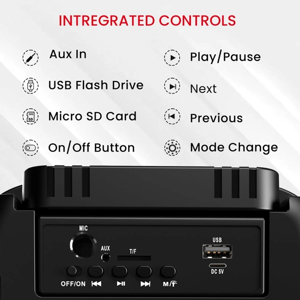 Portronics Melomix 20W Portable Bluetooth Speaker with Karaoke Mic, 5 Hour Playtime, TWS Connectivity, 6 RGB Light Modes, Built in FM, BT 5.3V, USB Drive, Aux & MicroSD Card, Type C Charging (Black)
