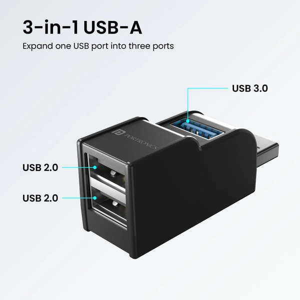 Portronics Mport 3A USB Hub (3-in-1), Multiport Adapter with USB 3.0 & 2-Port USB 2.0, Upto 5 Gbps High Data Transfer Speed for PC, Laptop & Mac (Black)