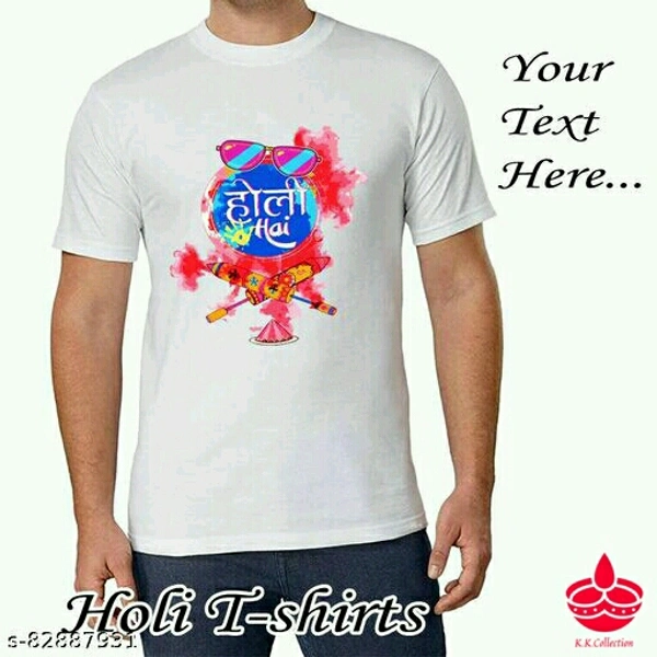 HOLI T-SHIRT.Fabric: PolycottonPattern: PrintedSleeve Length: Short SleevesMultipack: 1This is Holi printed t-shirt. This T-shirt conatin 100 GSM of polyster fabric.This is polyster t-shirt Sizes: 