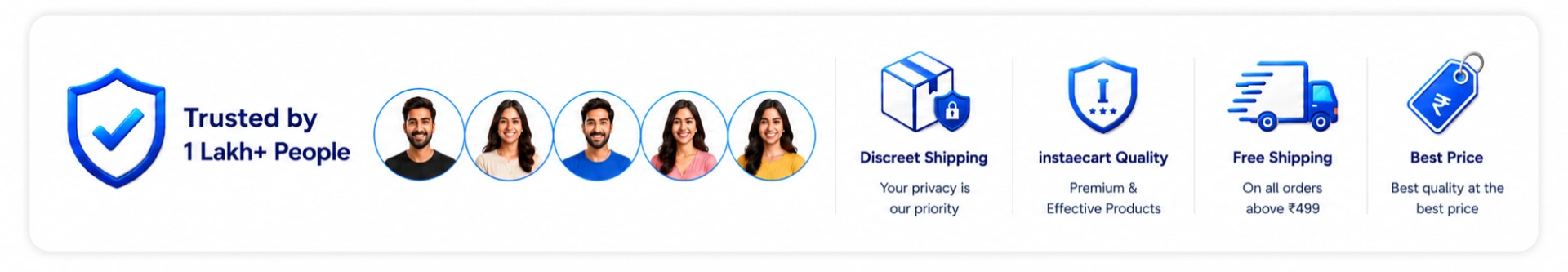 Instaecart trust banner showcasing 100% original products, easy returns, secure payments, fast delivery, premium quality standards, and 24/7 customer support.