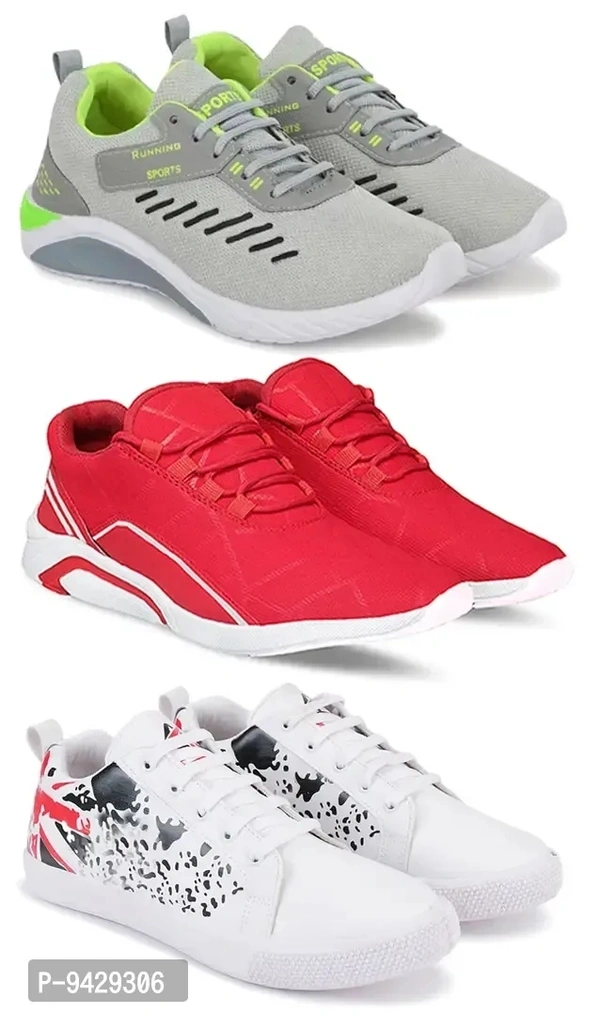 Men Sports Shoes Lace-Up Lightweight Multicolour Shoes For Running Walking gym Trekking and hiking Shoes (Pack Of 3)